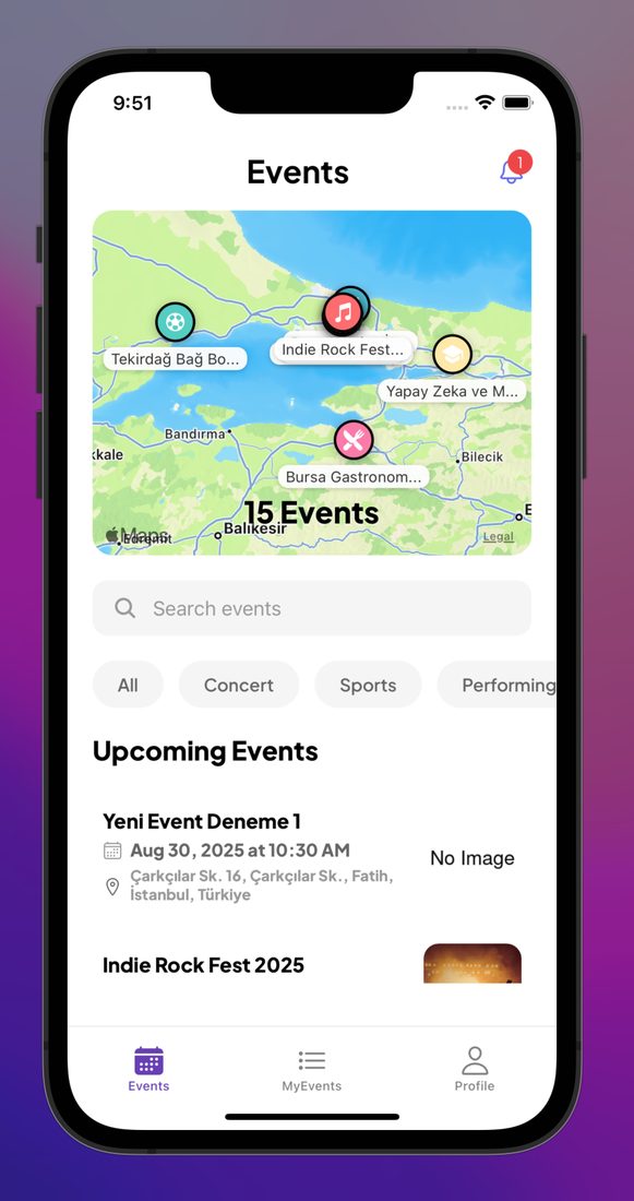 Events on a map with upcoming events below