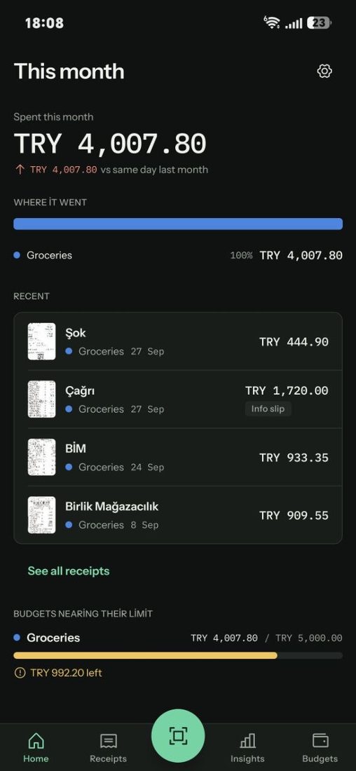 Home screen with the month total and recent receipts